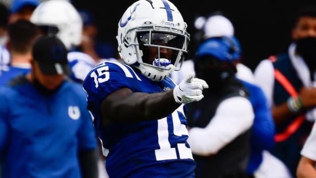 Indianapolis Colts wide receiver Parris Campbell signals first down, one of five he gained in Sunday's 27-20 opening loss at Jacksonville.